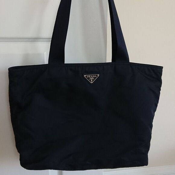 Black Prada nylon fabric with navy blue double handles tote - Picture 2 of 16